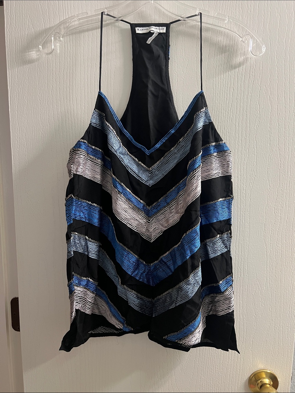 KAREN MILLEN Black Striped V-Neck Halter Tank Top
